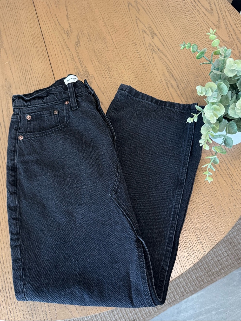 Abercrombie & Fitch High Rise Black Denim Midi Skirt Size 26 Front Slit